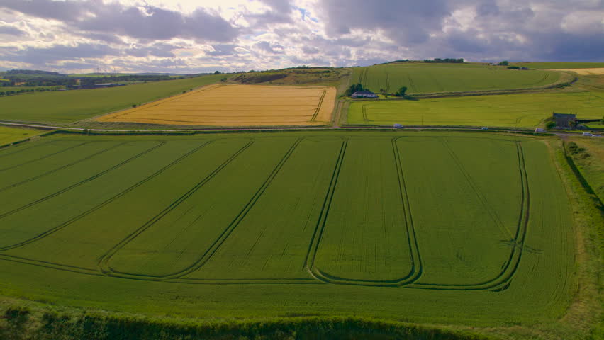 AERIAL: Busy asphalt road passing green wheat fields with tractor track pattern. Picturesque view of cultivated countryside with large farmland in coastal Scottish Lowlands on a sunny summer day. Royalty-Free Stock Footage #3428122177