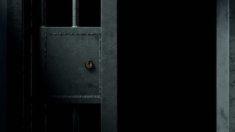 A static camera closeup of a heavy welded iron jail cell door sliding and slamming shut on a dark moody background
