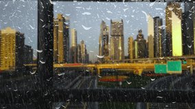 City Animation Rain against the backdrop of a beautiful metropolis city, rain outside the window, view of the highway, summer thunderstorm in the city.