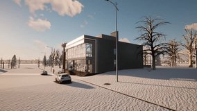 Modern building in a snowy city. Winter road. Shopping complex. 3D animation.