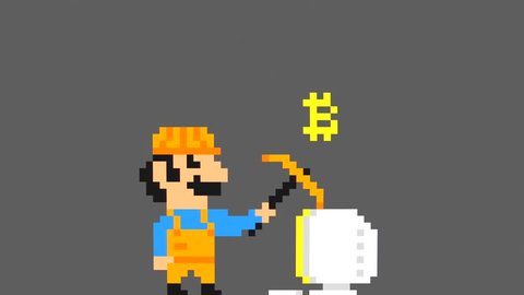 Retro Pixel Art Game Bitcoin Mining Character Loop Animation. Blockchain Cryptocurrency Cartoon Motion Design Background Concept. 4K.