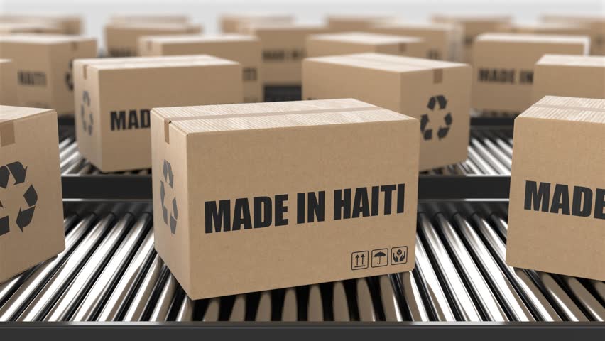 Cardboard boxes with Made in Haiti text on roller conveyor. Factory production line warehouse. Manufacture export or delivery concept. 3D render animation. Seamless loop