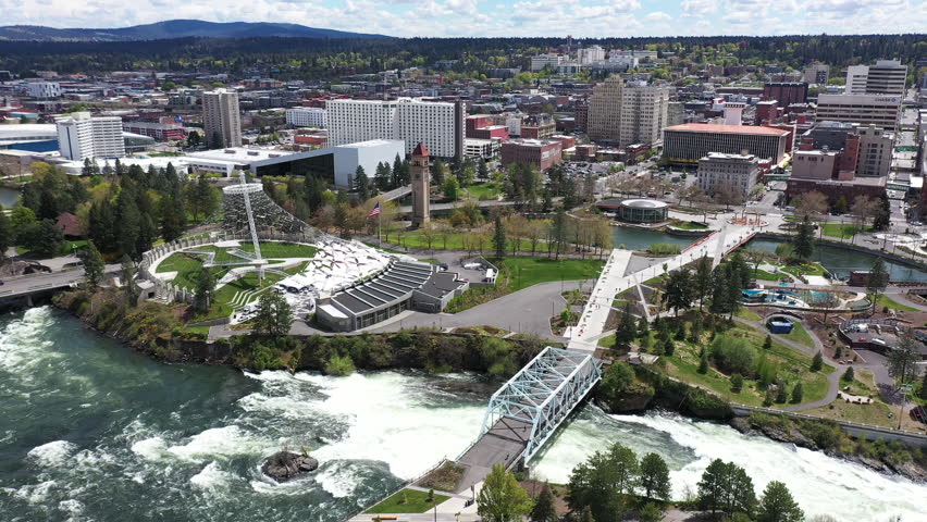 Fly over Spokane WA at Riverfront Park