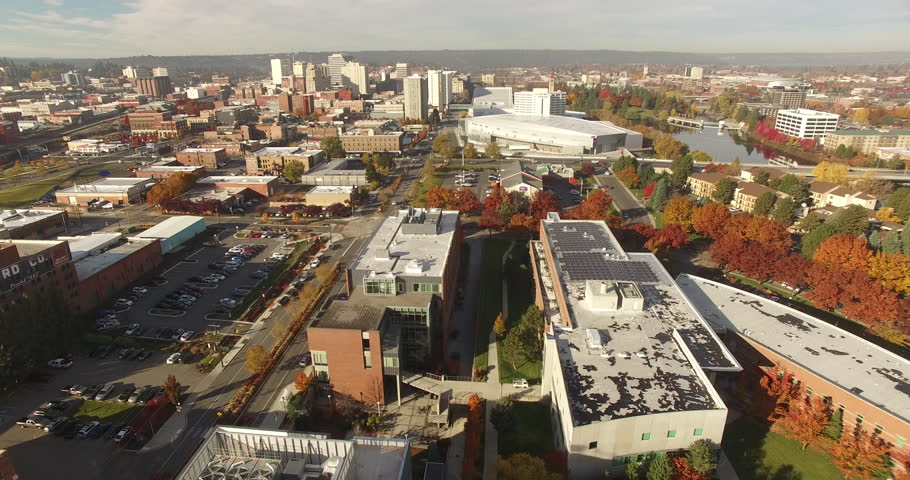 Fly over Spokane WA in the fall