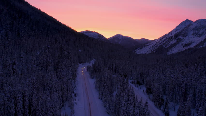 Stevens Pass Mountain Highway Winter Sunset Aerial