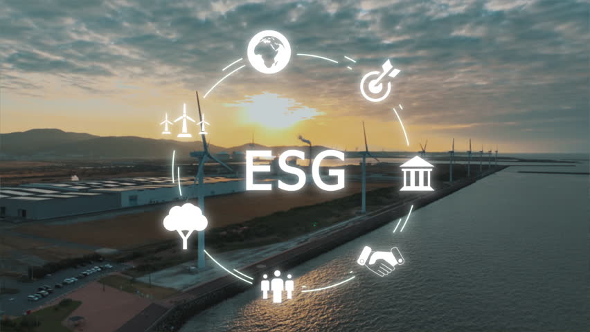 ESG Save the earth planet net zero CO2 emission. Global care eco city growth hope future in sea wind farm turbine power clean energy. Ethical SDGs control protect social issues plan synergy support. Royalty-Free Stock Footage #3428270919