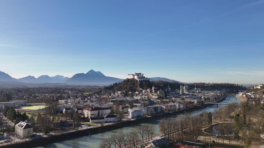 Aerial shot of Hohensalzburg Fortress, Salzburg, Austria, January