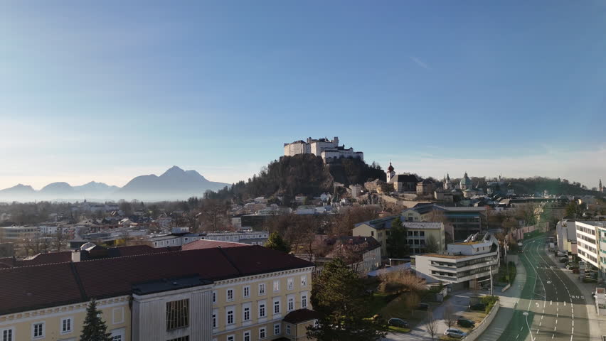 Aerial shot of Hohensalzburg Fortress, Salzburg, Austria, January