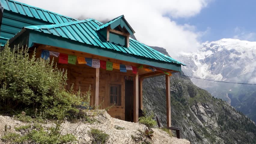 August 29th, Himachal Pradesh, India: A traditional homestay nestled in the Kinner Kailash Mountain range amid mountains and valleys.