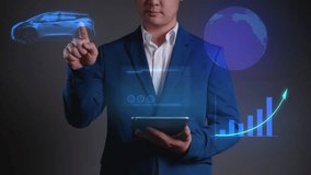 Successful businessman using virtual touchscreen technology. Businessman using digital technology to touch a virtual screen while holding a tablet, symbolizing success of business and technology. - Powered by Shutterstock - Get 15% off with code: PIKWIZARD15