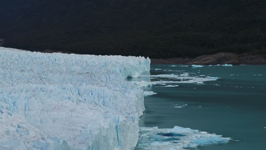 Ice Field of Glacier Perito Moreno, Patagonia Argentina, Calafate, Santa Cruz. Aerial shots of the glacier and ice field, mountains, sunset and sunrise.