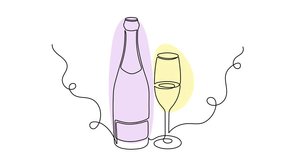 Wine champagne bottle  and glass one line art animation,continuous drawing contour motion.Cheers toast festive decoration for holidays,romantic Valentine's Day design.Trendy video template for web.4k 