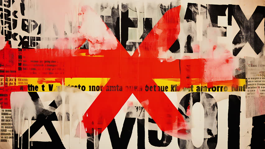 Dynamic grunge animated collage texture with bold typography elements bright red cross paint strokes black and white torn paper layers and distressed look