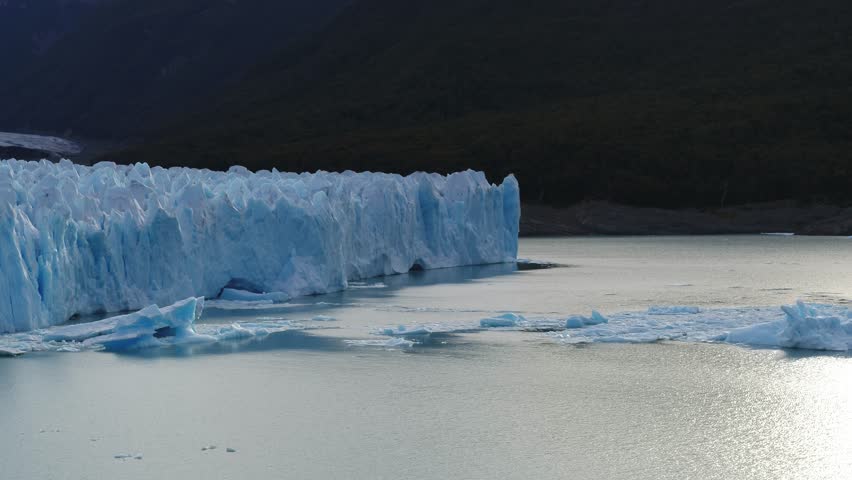 Ice Field of Glacier Perito Moreno, Patagonia Argentina, Calafate, Santa Cruz. Aerial shots of the glacier and ice field, mountains, sunset and sunrise.