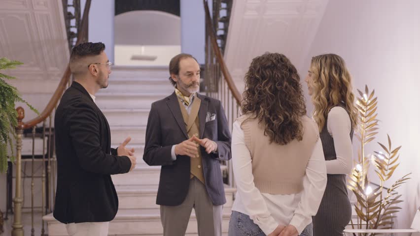 Two men and two women converse in a luxurious hallway, with a grand staircase and plant decor. 