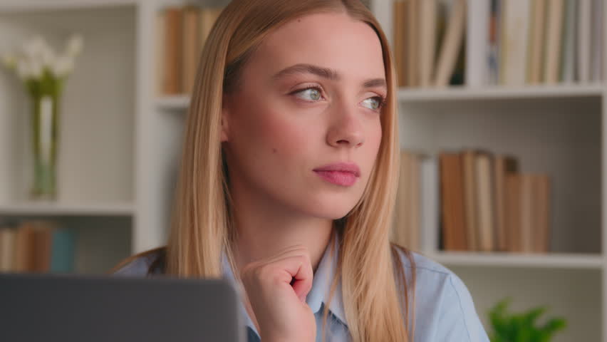 Caucasian woman student girl lady business manager employer entrepreneur worker businesswoman in home office library with computer laptop work break pause dreaming relax closing eyes smiling dreamy Royalty-Free Stock Footage #3428736027