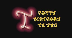 Happy Birthday to you, handwritten animated text in gold and neon colors, accompanied by initials from a to z to represent the birthday person's name. Great for templates, opening vlog videos, 4K UHD