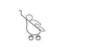 Minimalist line drawing of a baby in a stroller animated on a white background.