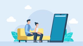 Chat bot on a smartphone. Chatbot AI and customer service concept. Young couple talking with a chatbot. Virtual assistant to get help, ask a question get an answer. Customer support. 2d flat animation