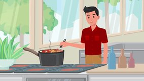 cartoon cook man cooking in kitchen background animation, boy, chef, smoke, hot food