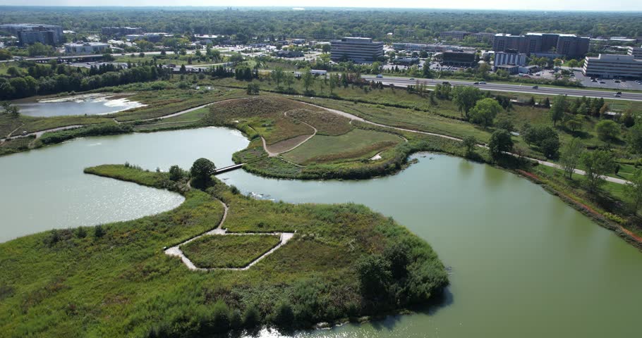 Drone Shot of Lake and Meadows in Chicago Botanical Garden, Glencoe Illinois USA