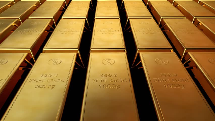 Gold bars infinite loop video - Golden ingots with camera flying over. Rich and wealth concept. 3d render animation in 4k