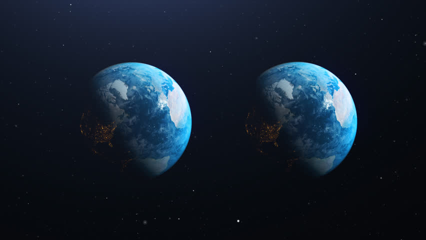 Parallel earth - Two double planet earths in space spinning. Multiverse alternative universe and parallel alternative dimension concept. Realistic 3d render animation