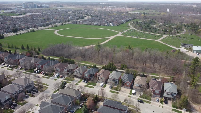 An aerial view of a suburban landscape.