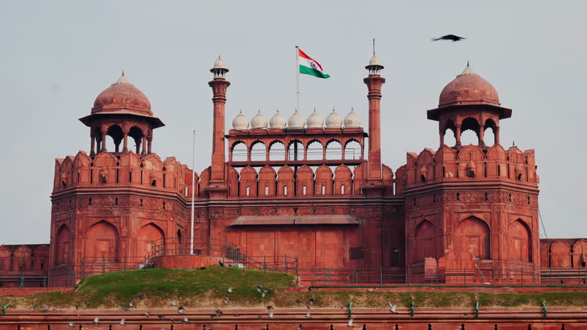 birds flying in front of red fort with swaying indian flag at delhi, india. stable shot 4k Royalty-Free Stock Footage #3428993547