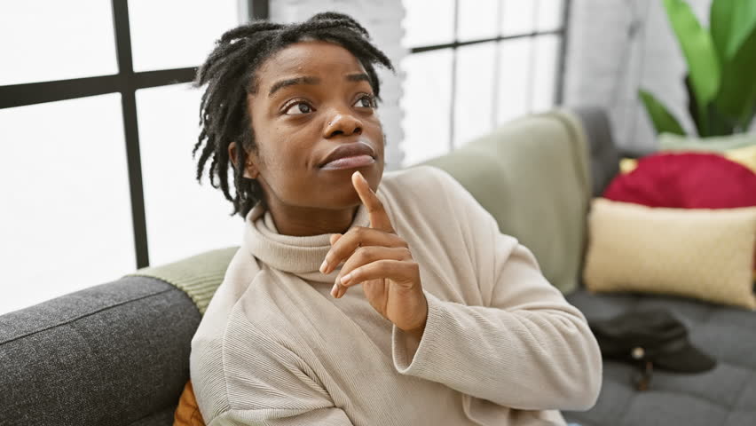 Pensive young black woman with dreadlocks, sitting relaxed on her cozy home sofa, finger to chin, captivated by thoughts, delving into a world of doubt, wonder filling her gaze as she looks upwards. Royalty-Free Stock Footage #3429011401