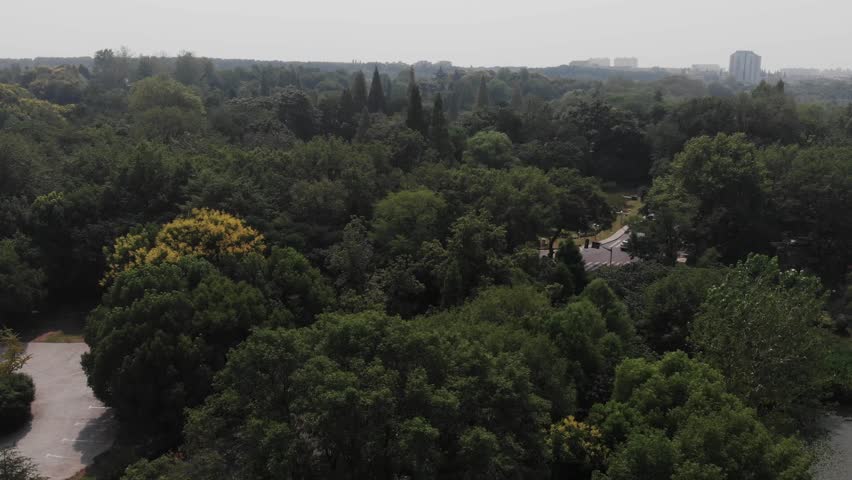 Drone cinematic video in China. Qian lake in Nanjing. Panoramic view of lake in asia with natural park forest Modern asian city skyline in background. Green park in asia China.