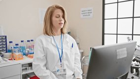 A young caucasian woman in a lab coat interacts with a computer in a laboratory setting. - Powered by Shutterstock - Get 15% off with code: PIKWIZARD15