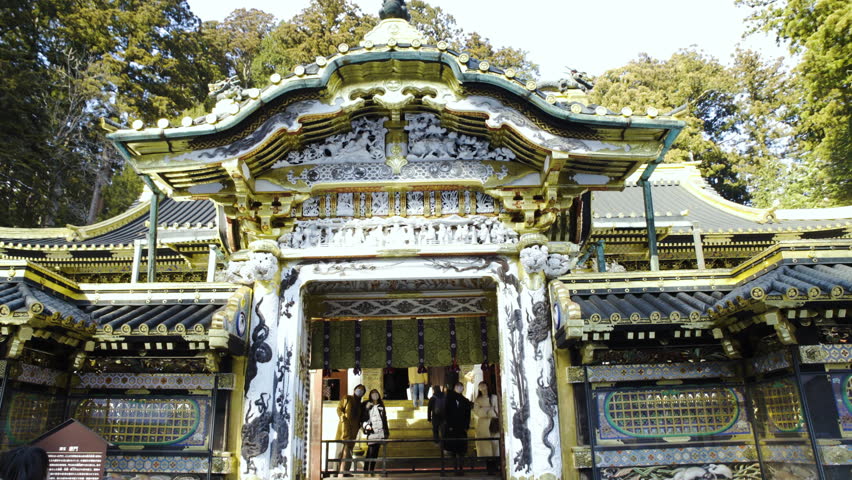 Cinematic gimbal shot of historic buildings at Toshogu Shrine in Nikko City, Tochigi prefecture, Japan