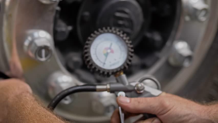 Inflation of truck tires with a compressor with a pneumatic gun with a manometer. Close-up 
