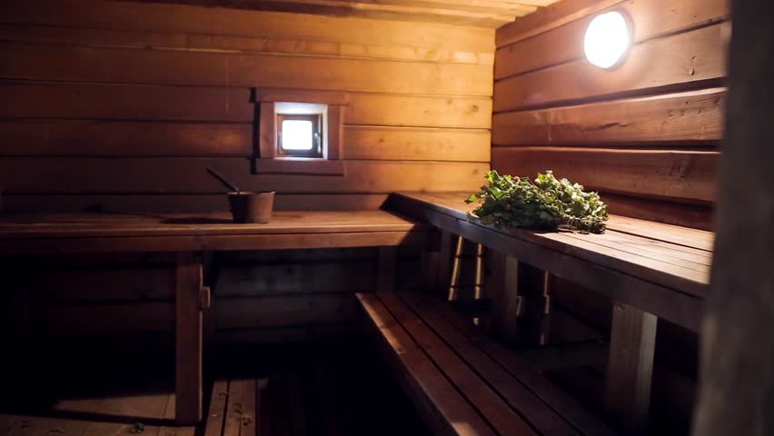Cozy, Classic Sauna with Broom and Bucket Royalty-Free Stock Footage #3429413795
