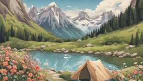 Camping in the mountains with beautiful view of flowers background looping