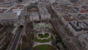 Aerial panoramic footage of metropolis. Large city with palaces and blocks of buildings in urban borough. Vienna, Austria