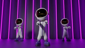 
Cartoon astronauts dancing on the dance floor with neon lights flashing from behind. Looping video