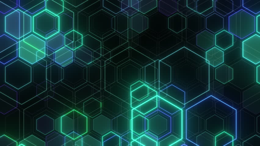 Flying through Cyberpunk futuristic hexagon glowing neon surface, structure. Seamless loop