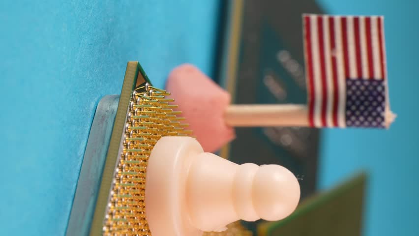 Chess pawns, each holding a flag of a different country, standing on a computer processor. Vertical video, Representing the strategic importance of the semiconductor industry for both countries and