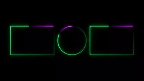 Rectangle and circle neon light frame turquoise and purple color animation. Black background  UHD 4k video.