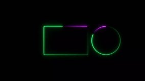 Rectangle and circle neon light frame turquoise, purple color animation. Black background  UHD 4k video.