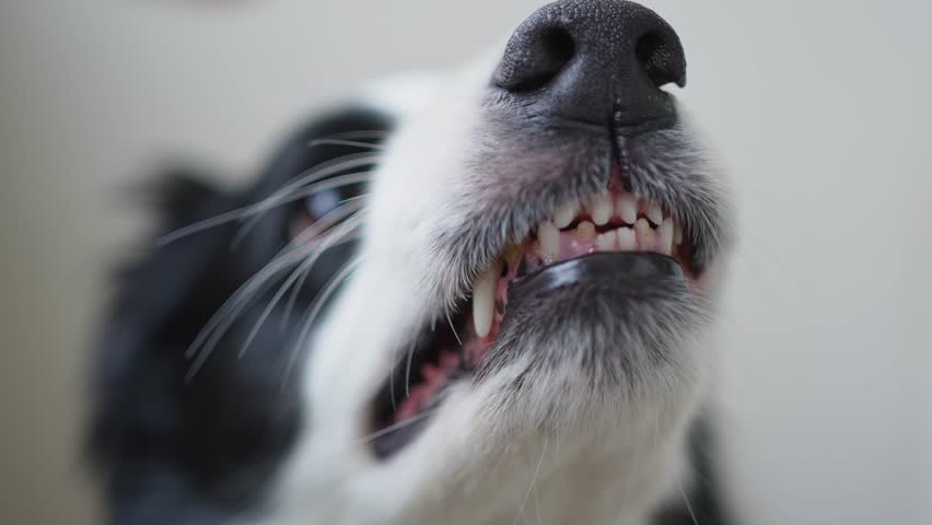 Dangerous angry dog. Aggressive puppy dog border collie baring teeth fangs looking aggressive dangerous. Guardian growling scary dog ready for attack. Pet infected by rabies. Royalty-Free Stock Footage #3429705319