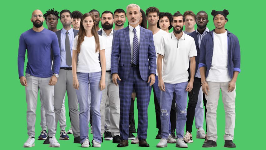 A group of people, on a green background, in full height, crossed their arms