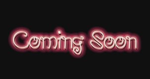 Coming soon text animation. Handwritten calligraphic with smooth lines in red neon color with black background. Suitable for opening videos, product launches, and celebrations.