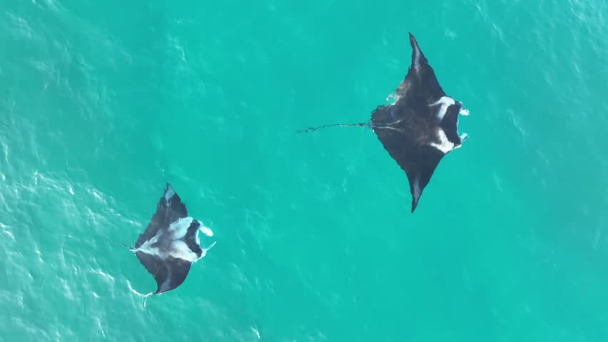 Ascending top down drone shot of many Stingrays swimming in clear ocean water. In blue waters of North Stradbroke Island. Queensland Tourism Australia