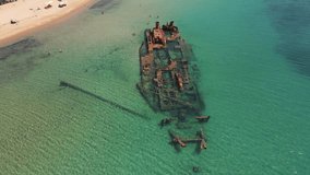 Drone video of abandon and sunk ship in Greece, Fly over shipwreck 