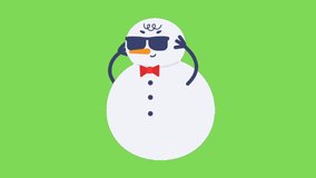 Animation video of stylish snowman wearing cool glasses on green screen background