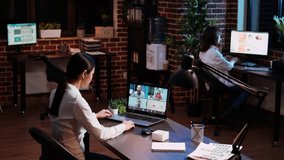 Businesswoman talking with board of directors during business meeting on videocall in office. Employee speaking in remote videoconference telework call, receiving feedback from management - Powered by Shutterstock - Get 15% off with code: PIKWIZARD15