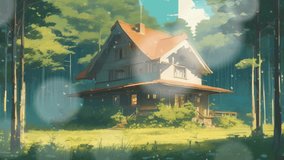Beautiful fantasy island with a house in forest. anime ilustration style. smooth looping time-lapse animatied video background